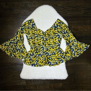 Handmade Blue and Yellow Bell Sleeve Peplum Hem Top Small